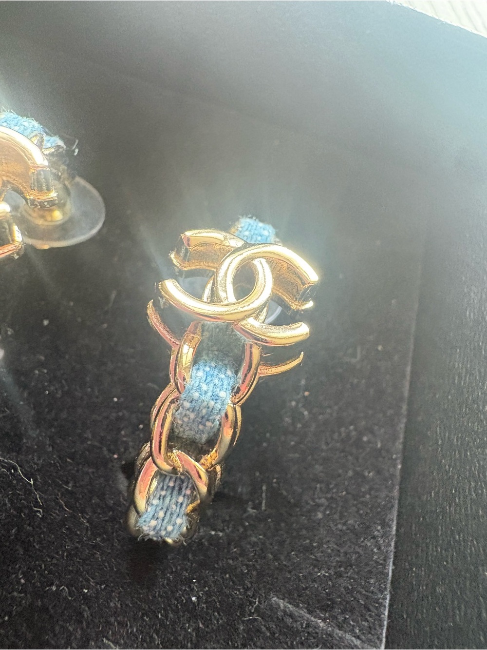 FASHION Gold CC Logo Hoop Pierced Earrings with Blue Denim Fabric Weave - Picture 7 of 8